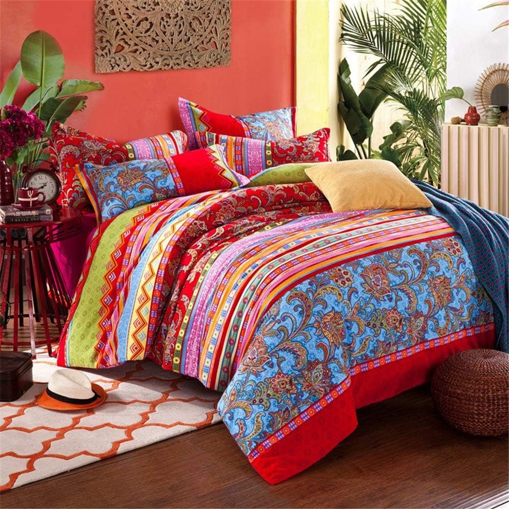 ABREEZE Bohemian Duvet Cover Set Colorful Red Boho Retro Bedding Set Damask Paisley Cotton Duvet