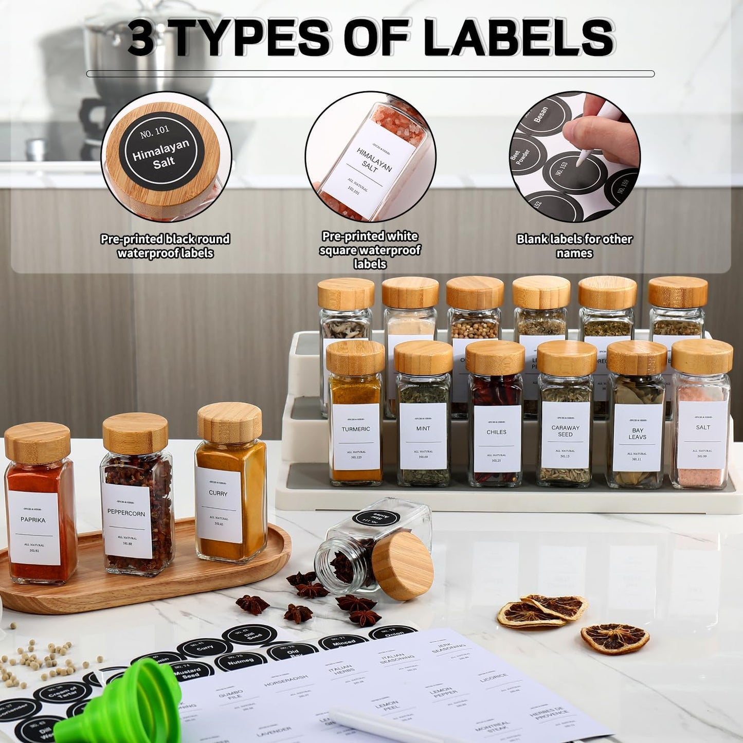 DIMBRAH Spice Jars with Label-4oz 36Pcs, Glass Spice Jars with Bamboo Lids, Container Set with