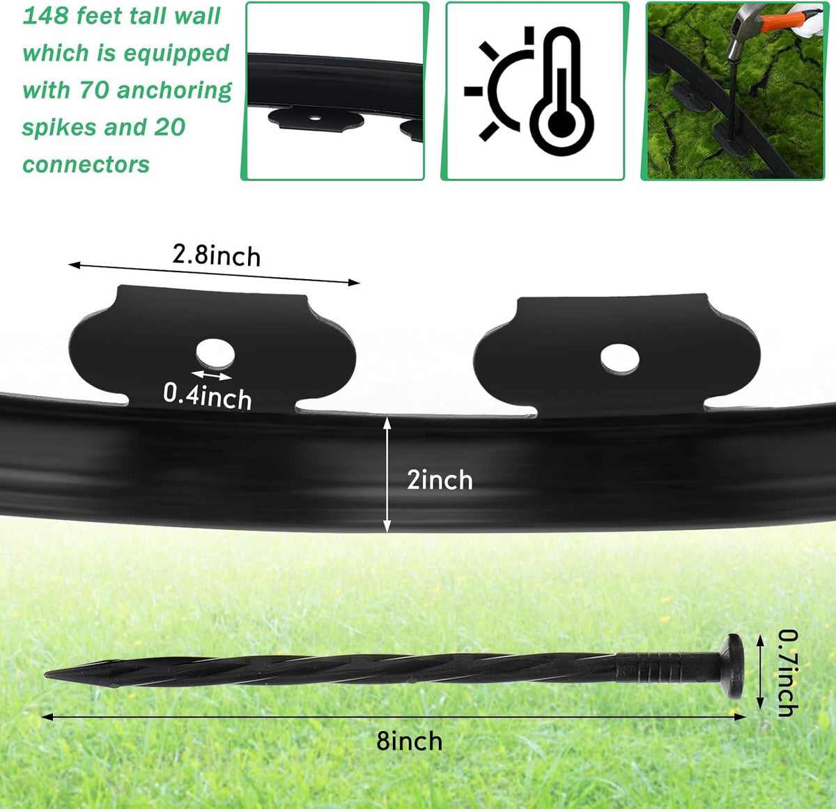 Queekay Landscape Edging Kit 148 ft with 70 Spikes 20 Connectors Plastic Border for Garden, Lawn