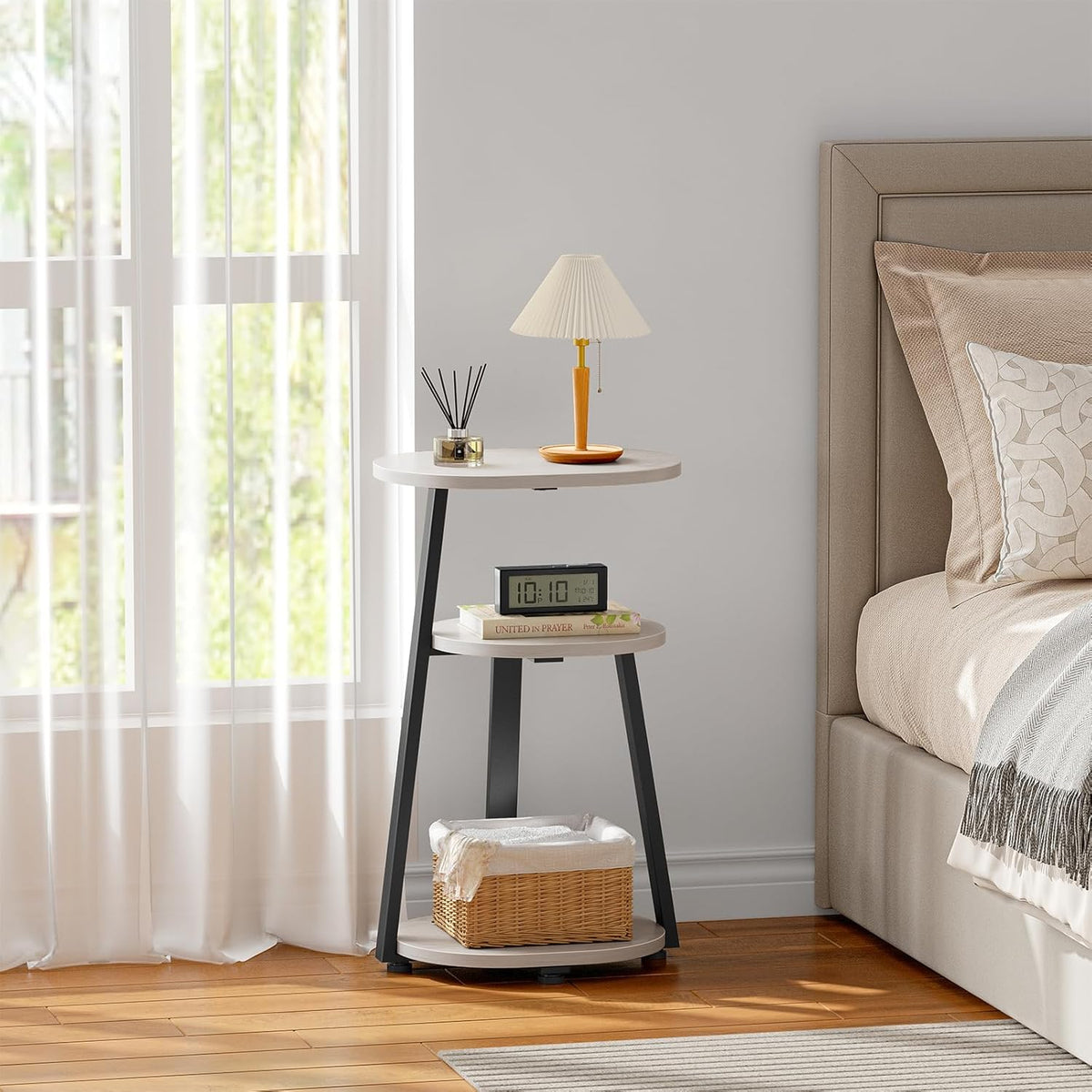 Side Table, Small End Table with Metal Frame, 3-Tier Bedside Tables, Round Side Tables for Living