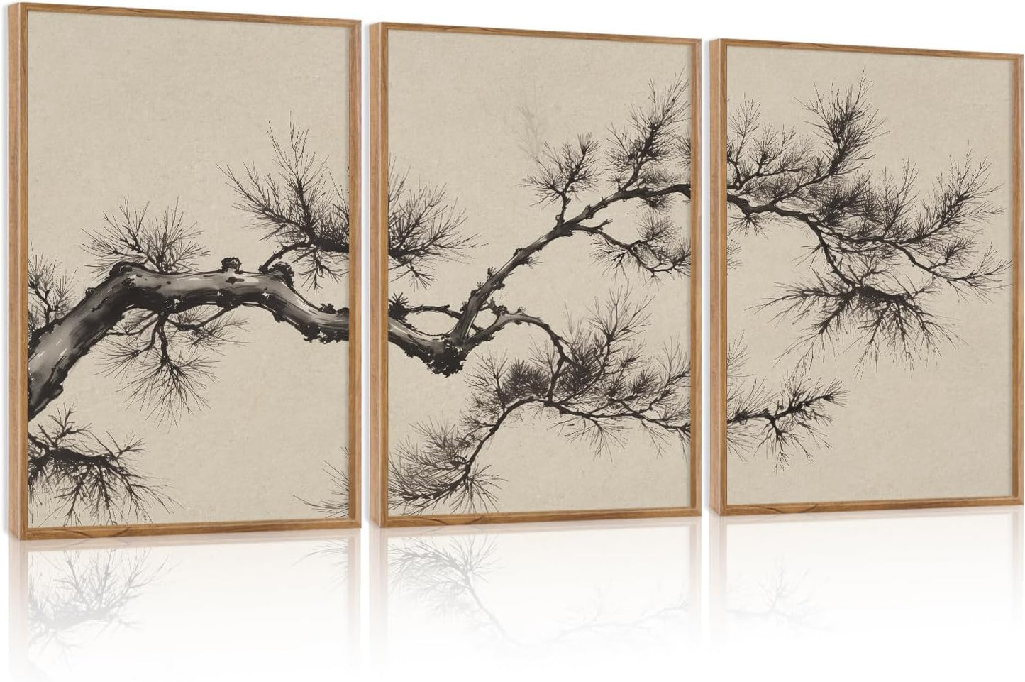 HPNIUB Vintage Sketch Pine Tree Framed Canvas Wall Art Set, Brown Antique Tree Branch Wall Decor