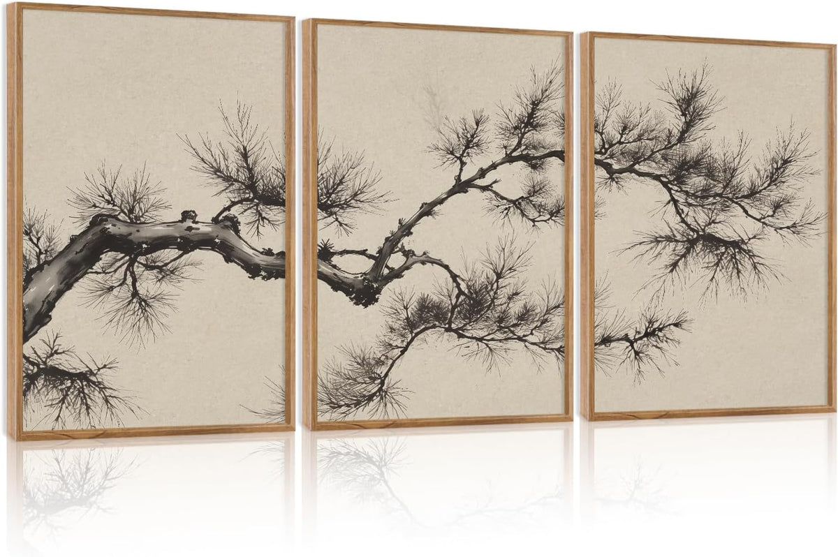 HPNIUB Vintage Sketch Pine Tree Framed Canvas Wall Art Set, Brown Antique Tree Branch Wall Decor