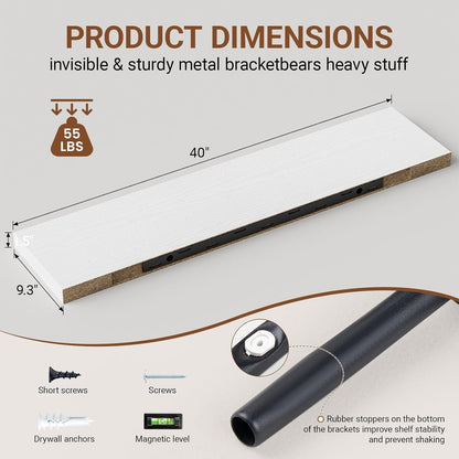40 Inches Floating Shelves for Wall,9.3" Deep White Long Floating Shelves Set of 2,Large Display &