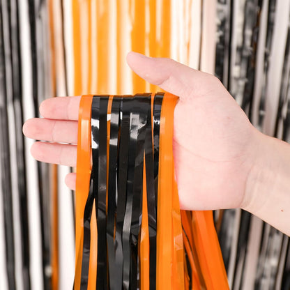 3 Pack 3.3x8.2 Feet Black and Orange Foil Fringe Backdrop Curtains, Tinsel Streamers Birthday Party