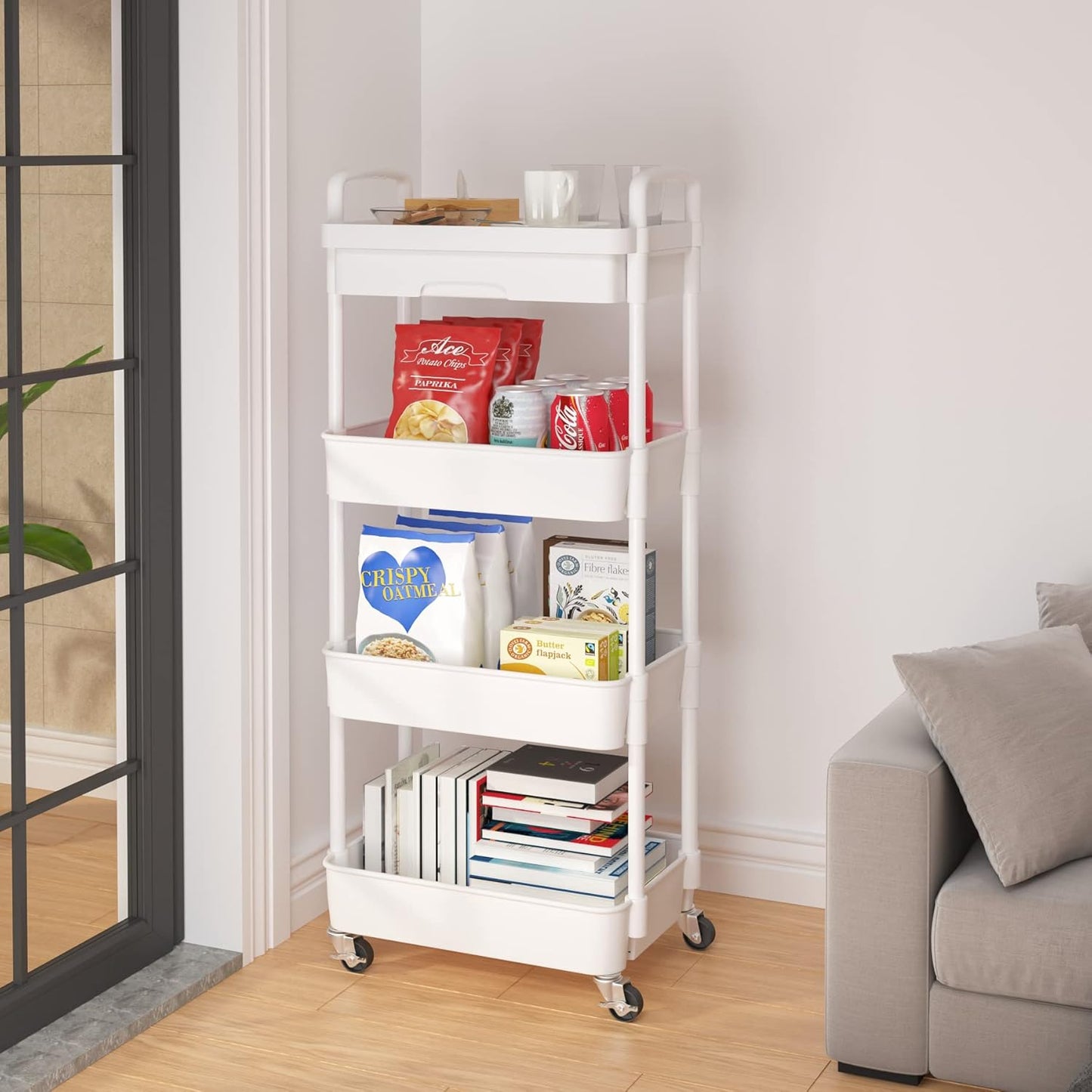 Calmootey 4-Tier Rolling Utility Cart with Drawer,Multifunctional Storage Organizer with Plastic