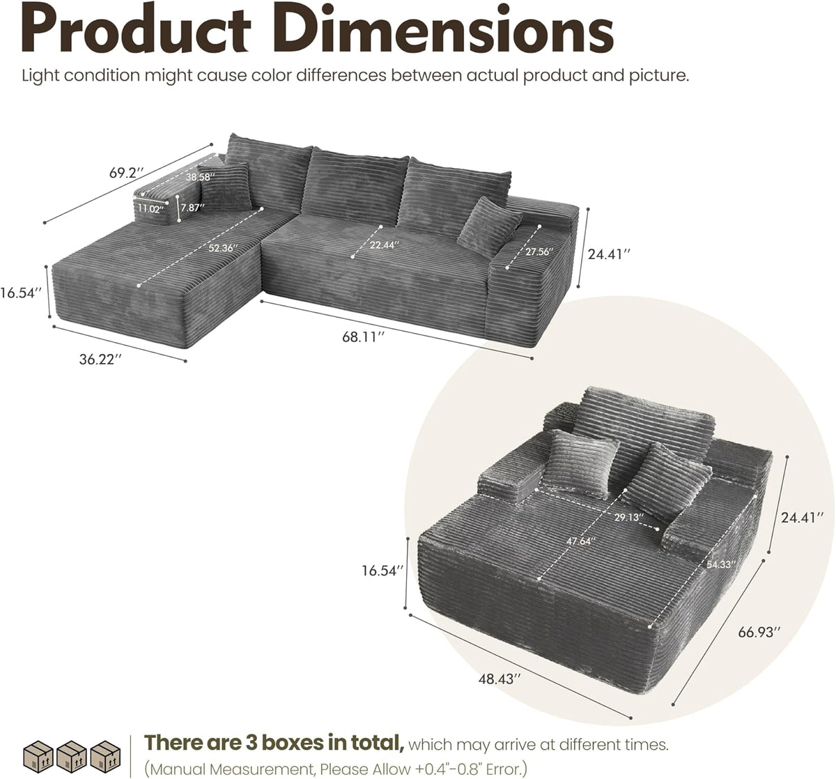 HOOOWOOO Cloud Sectional Couches for Living Room,Modular Sectional Sofa No Assembly,Plush Corduroy