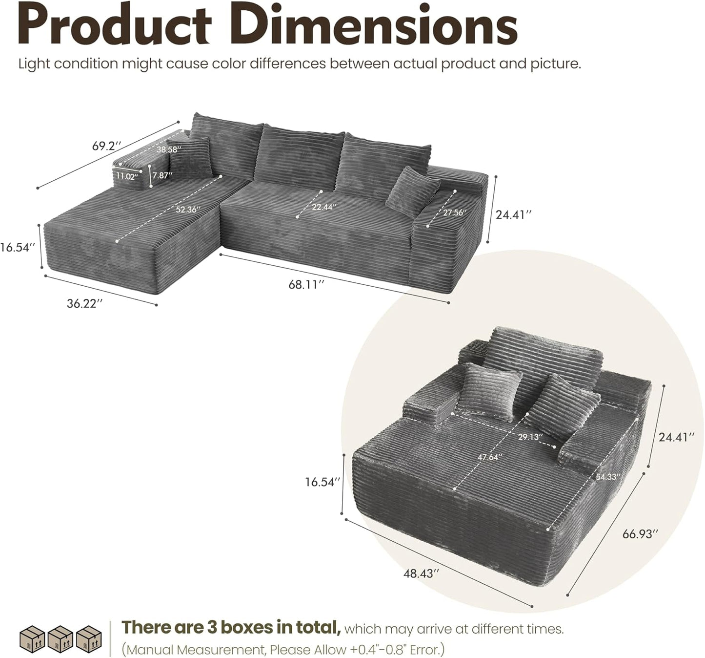 HOOOWOOO Cloud Sectional Couches for Living Room,Modular Sectional Sofa No Assembly,Plush Corduroy
