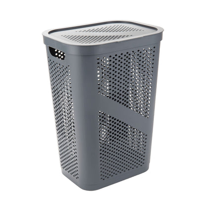 Mind Reader Slim Laundry Hamper with Lid, 60L Clothes Basket, Ventilated Plastic, Gray
