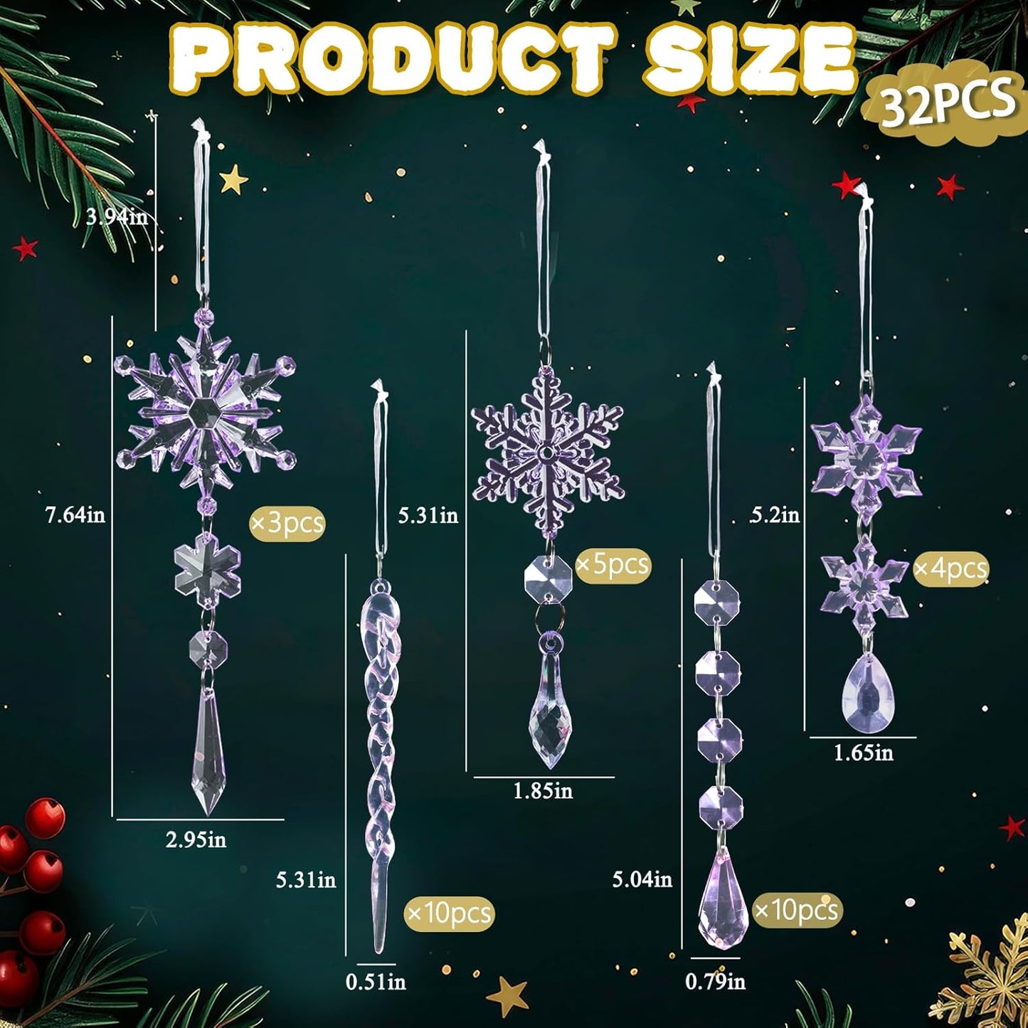 32pcs Crystal Christmas Ornaments for Christmas Tree Decorations-Purple Hanging Acrylic Snowflake