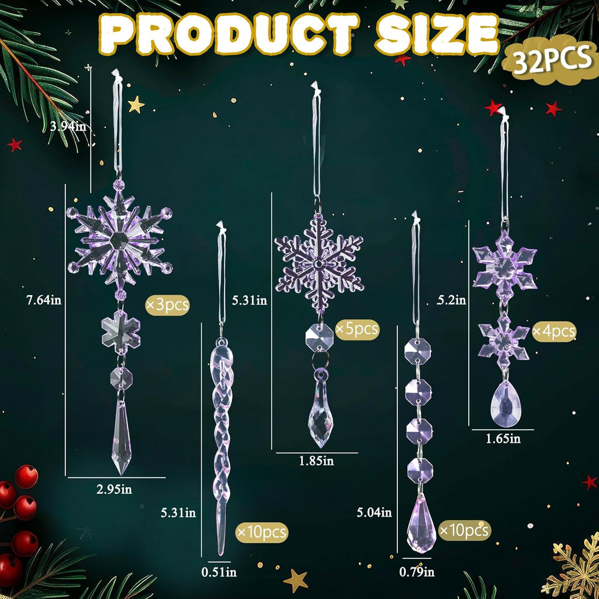 32pcs Crystal Christmas Ornaments for Christmas Tree Decorations-Purple Hanging Acrylic Snowflake