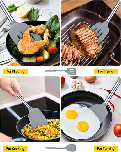 Pack of 2 Silicone Solid Turner, Non Stick Slotted Kitchen Spatulas, High Heat Resistant BPA Free