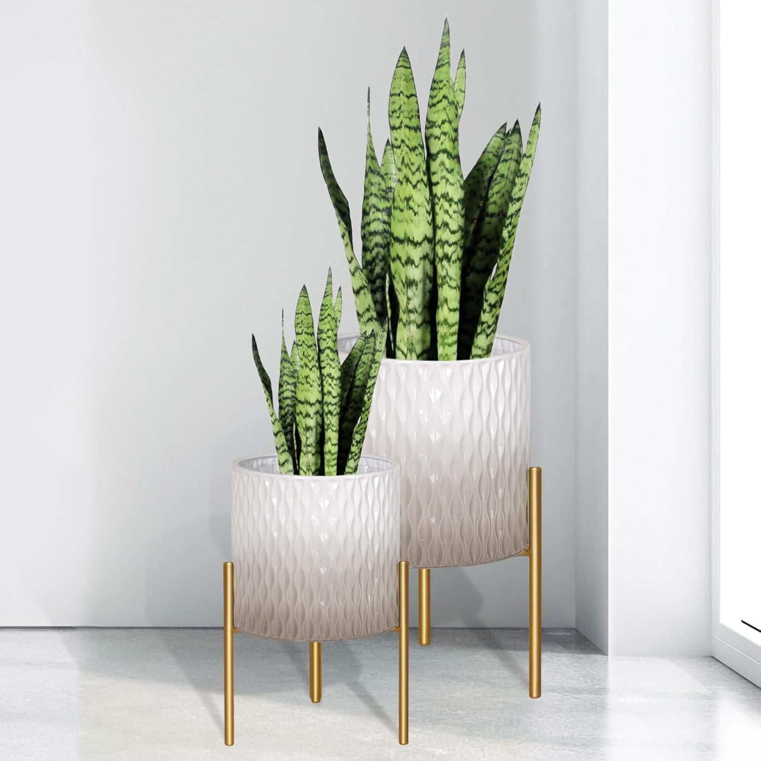 ARNIS Plants Pots with Stand, Set of 2 Indoor Planter Pots, Unique Mid Century Decorative Metal