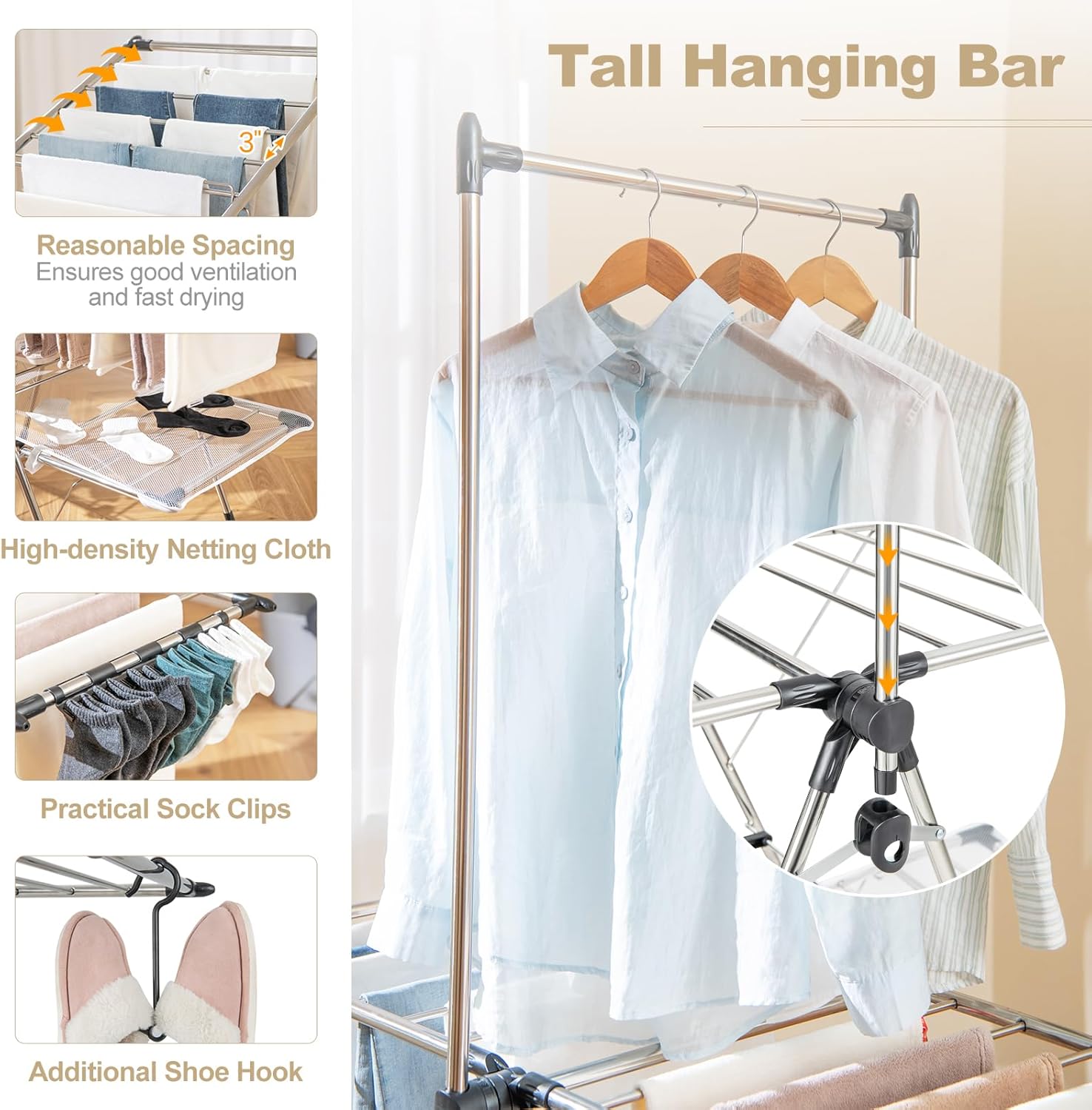 Tangkula Foldable Clothes Drying Rack, 2-Tier Laundry Drying Rack w/Tall Hanging Bar, Height