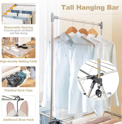 Tangkula Foldable Clothes Drying Rack, 2-Tier Laundry Drying Rack w/Tall Hanging Bar, Height
