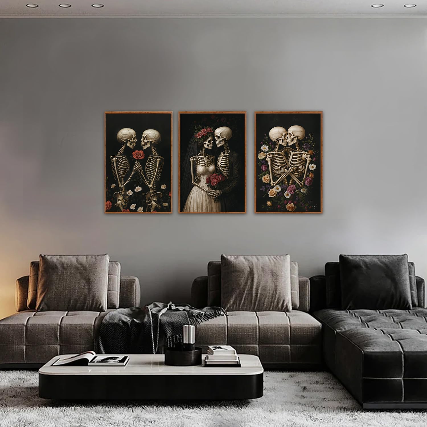 HLNIUC Halloween Rose Wedding Framed Wall Art,Vintage Skeleton Rose Canvas Prints,Abstract Romantic