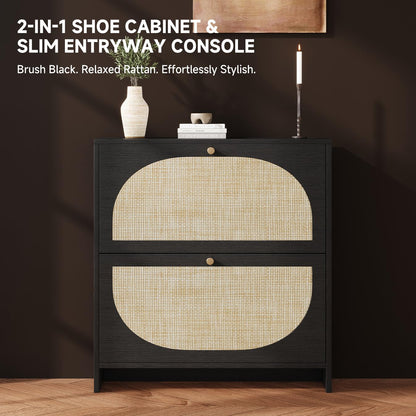 Nicetree Shoe Organizer for Entryway, Slim Shoe Rack with 2 Flip Drawers, Modern Boho Rattan Shoe