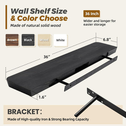 36"x6.8"x1.6" Slanted Floating Wall Shelves 2-Pack - Rustic Black Finish, Heavy-Duty Solid Wood