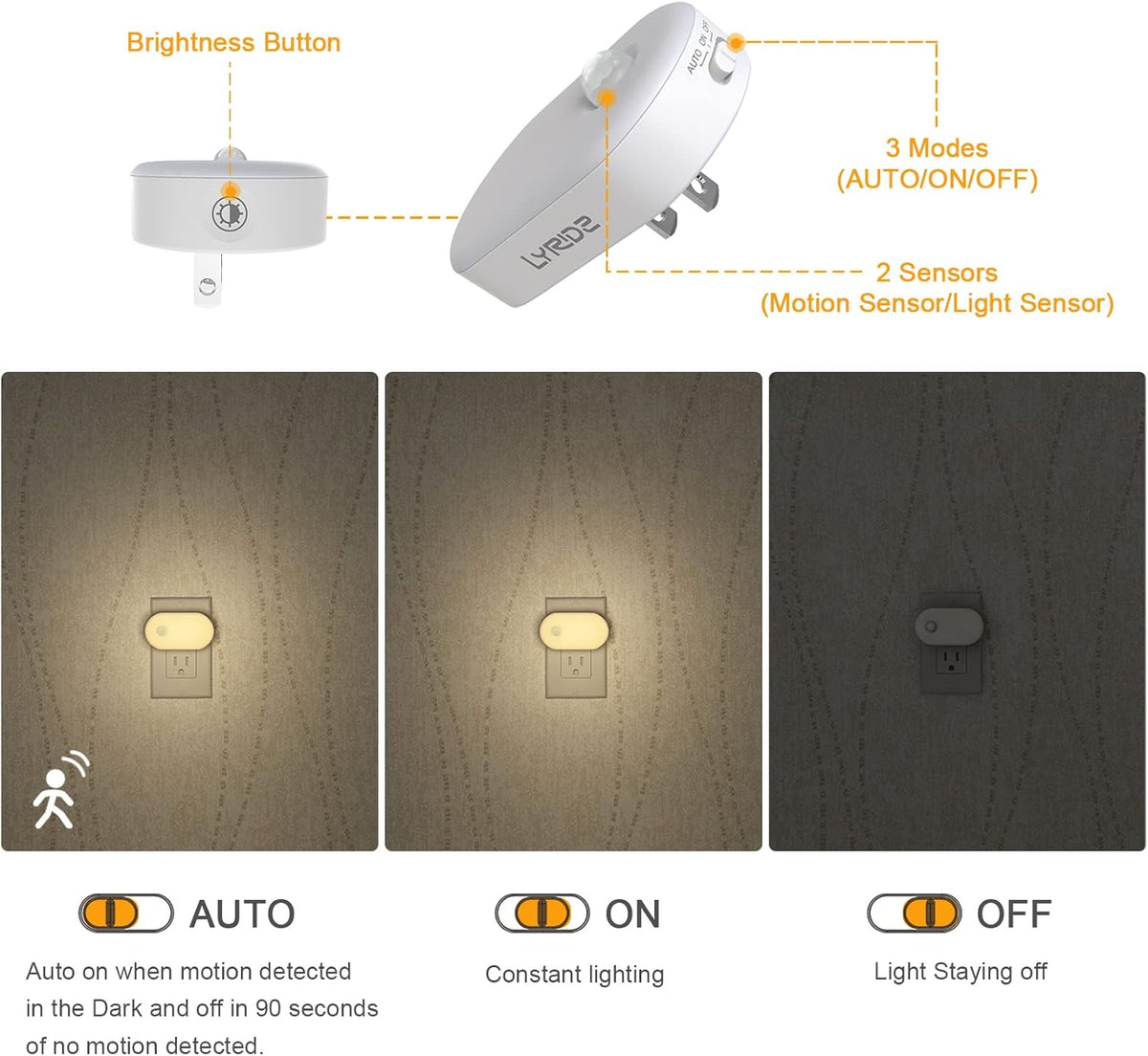 Lyridz Plug in Night Light with Motion Sensor, Smart Warm White LED Nightlights with 1-120LM