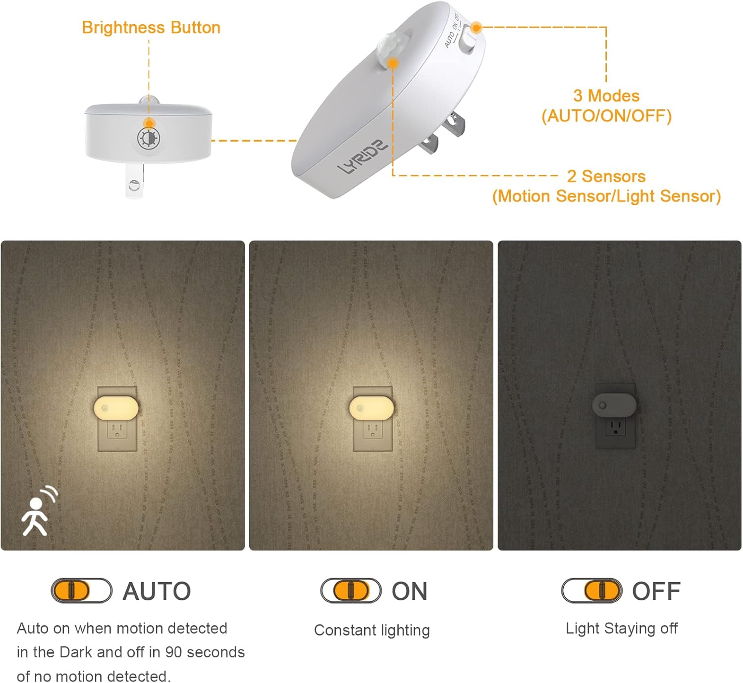 Lyridz Plug in Night Light with Motion Sensor, Smart Warm White LED Nightlights with 1-120LM