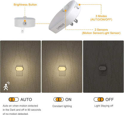 Lyridz Plug in Night Light with Motion Sensor, Smart Warm White LED Nightlights with 1-120LM