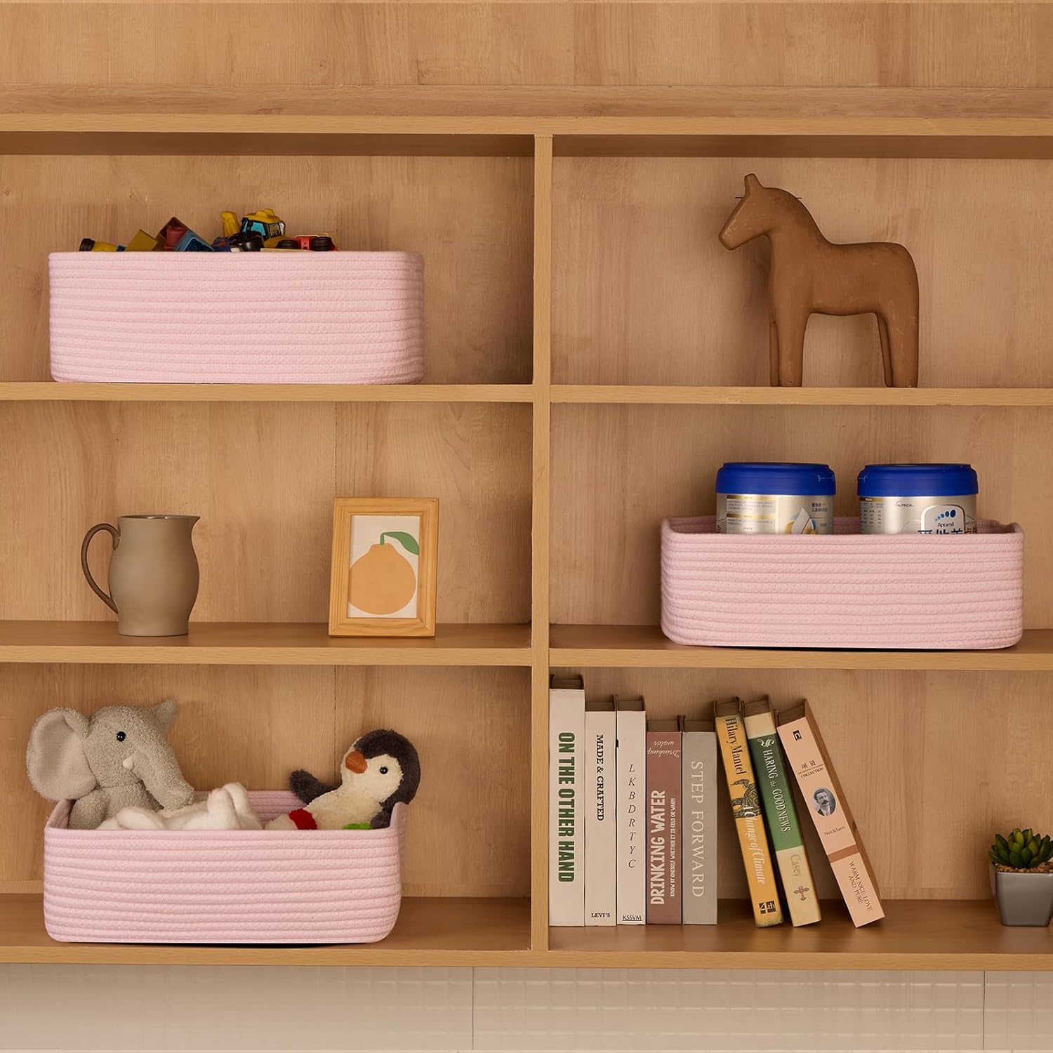 Large Shallow Organizing Baskets 15x11x5.1 Inches - Rope Woven Storage Bins for Bathroom, Shelves