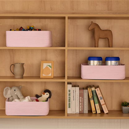 Large Shallow Organizing Baskets 15x11x5.1 Inches - Rope Woven Storage Bins for Bathroom, Shelves