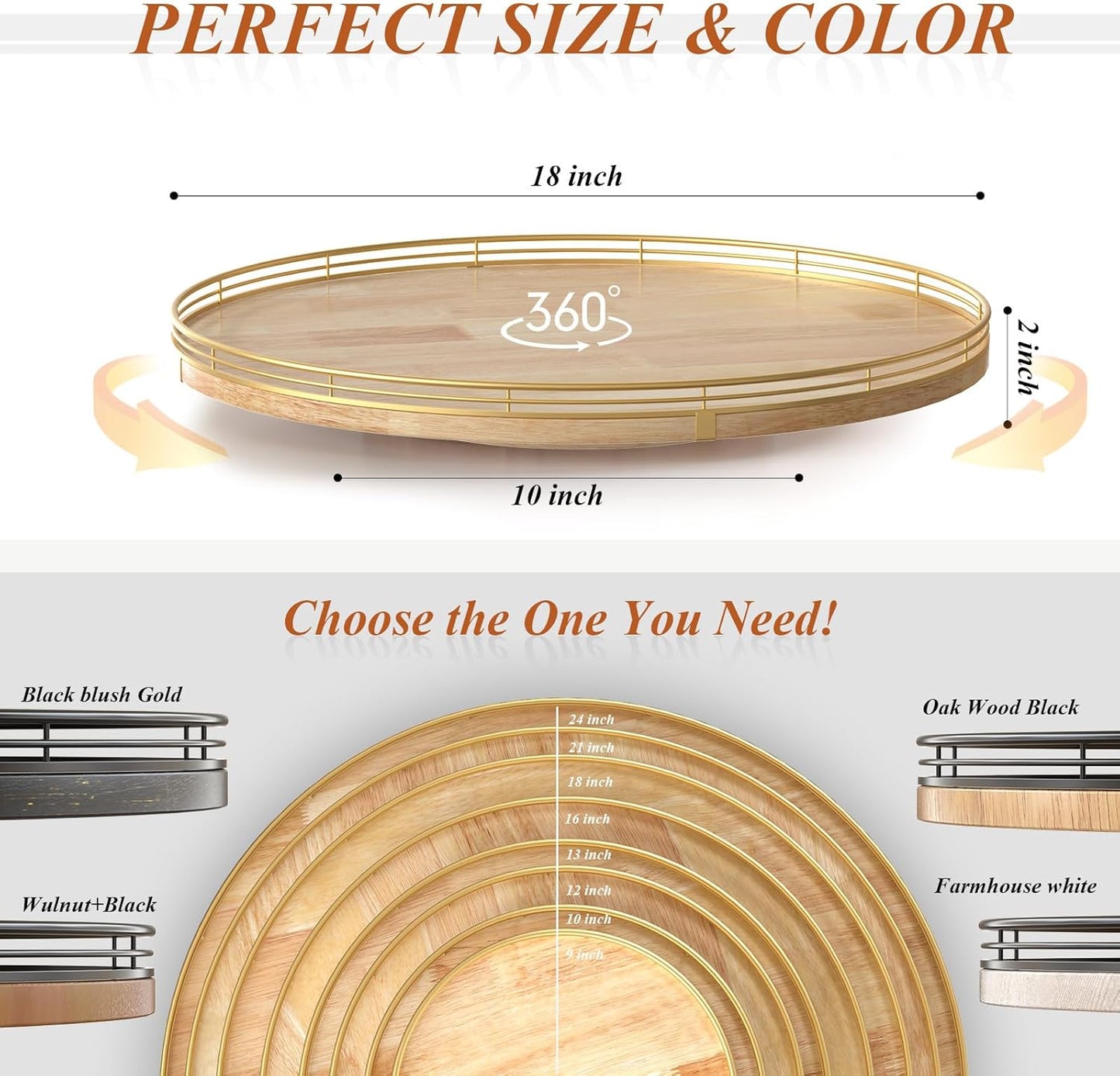 18 Inch Rustic Lazy Susan Turntable – Solid Oak & Iron Wood Rotating Tray for Dining Table, Kitchen