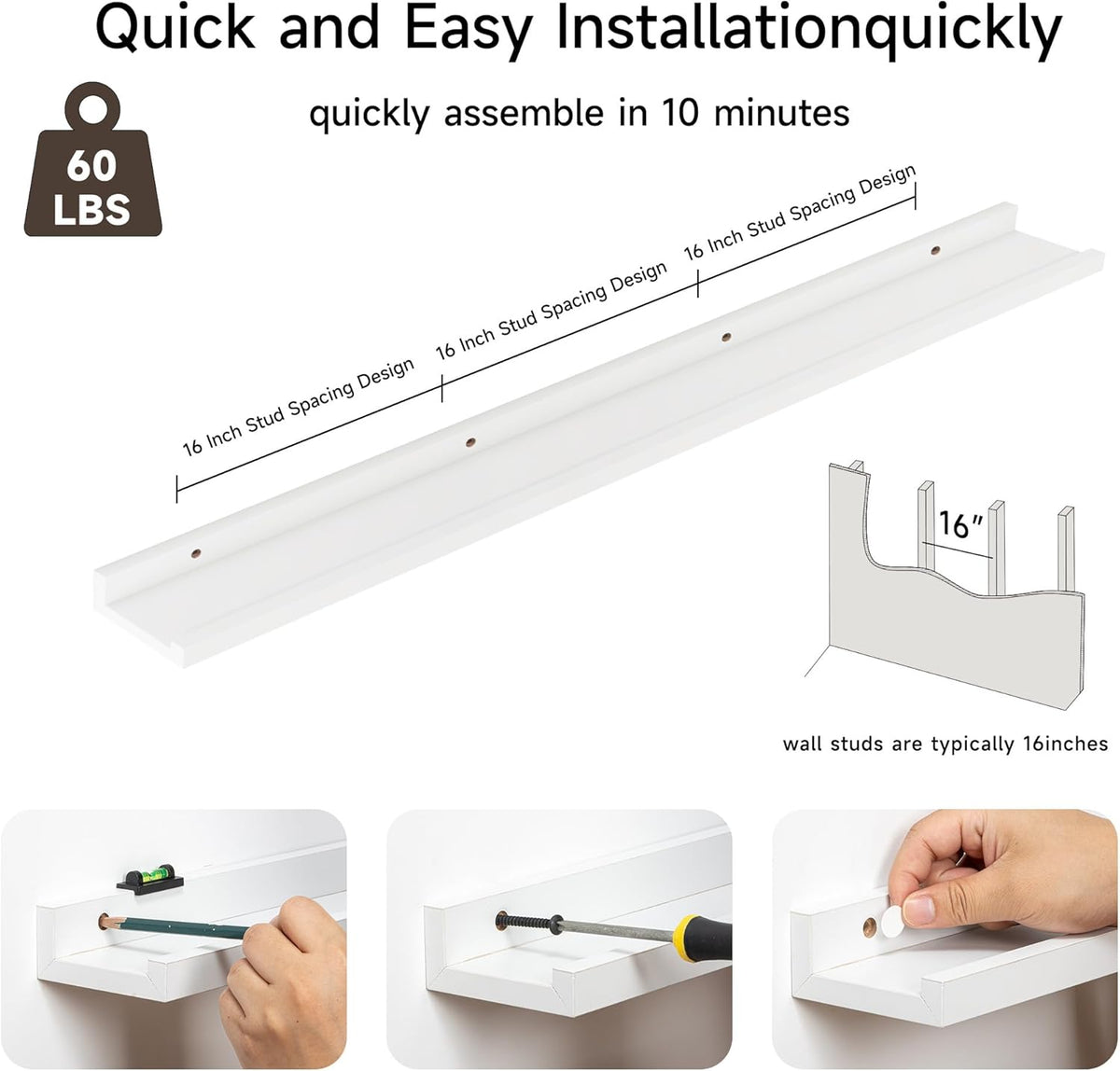 Floating Picture Ledge Shelves for Wall Set of 2, 55 Inches Picture Shelf with Ledge, Nursery Book
