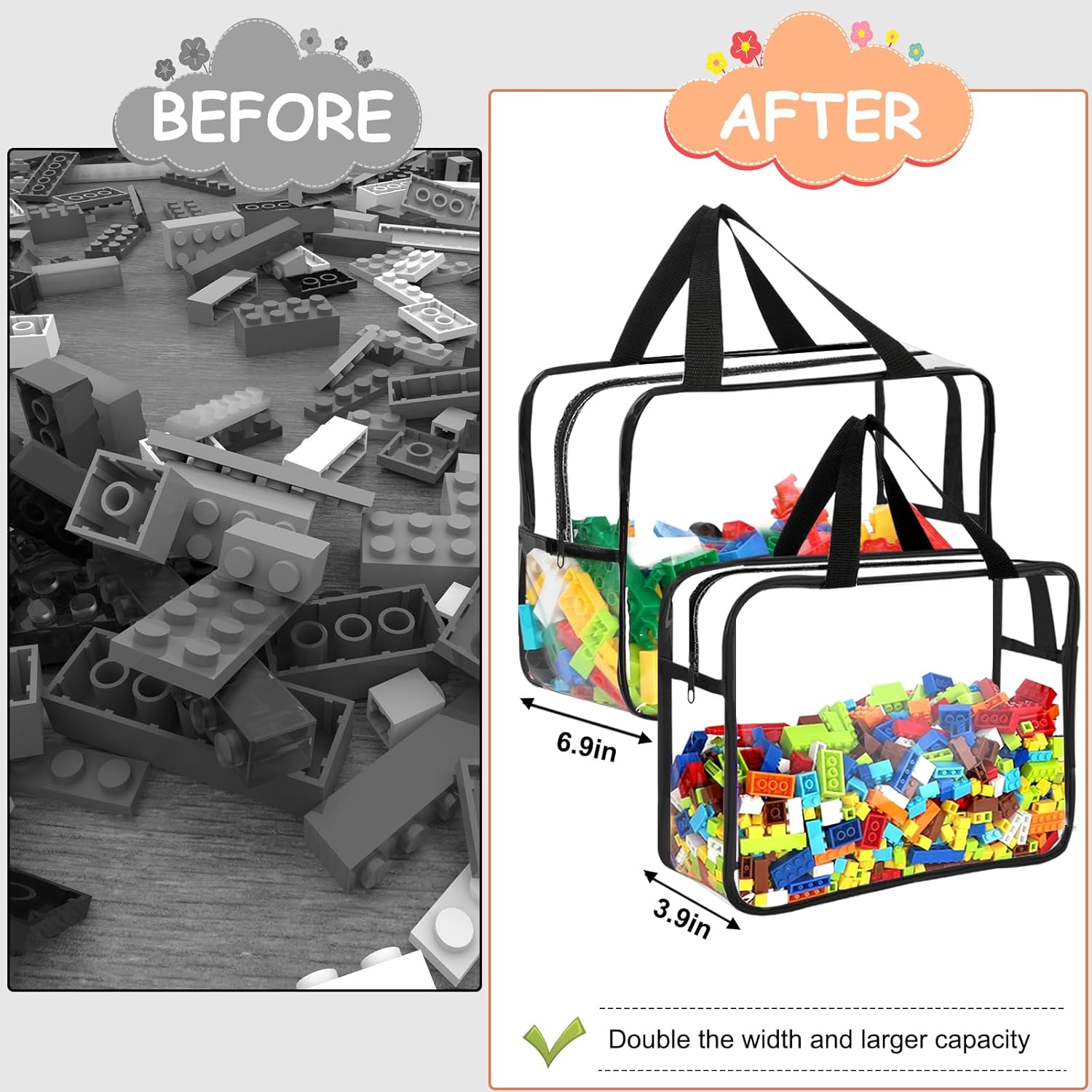 6 Packs Large Toy Storage Bags with Labels, Reusable Clear PVC Board Game Storage, Travel