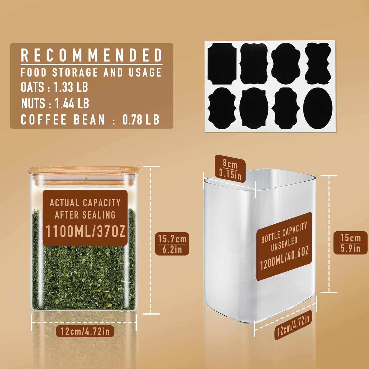 37oz Rectangle Airtight Glass Storage Containers with Bamboo Lids (Set of 6), Square Food Storage