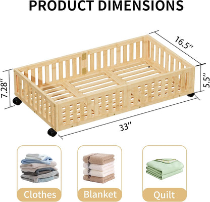 Bamboo Under Bed Storage with Wheels (2-Pack) – Rolling Underbed Shoe Organizer Box for Shoes
