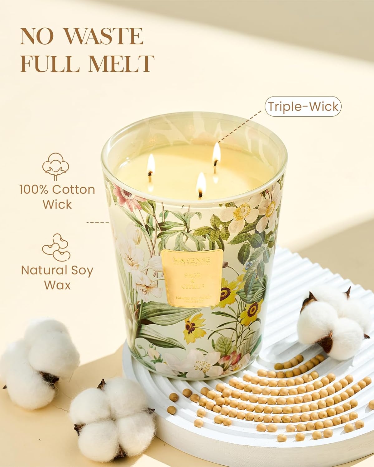 M&SENSE Extra Large Candle Sage Citrus Scented, 3-Wick 35oz 150H Long Lasting, Natural Soy Wax
