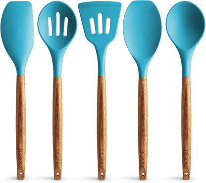 Zulay Kitchen Non-Stick Cooking Utensils Set with Authentic Acacia Wood Handles – 5-Piece Durable &