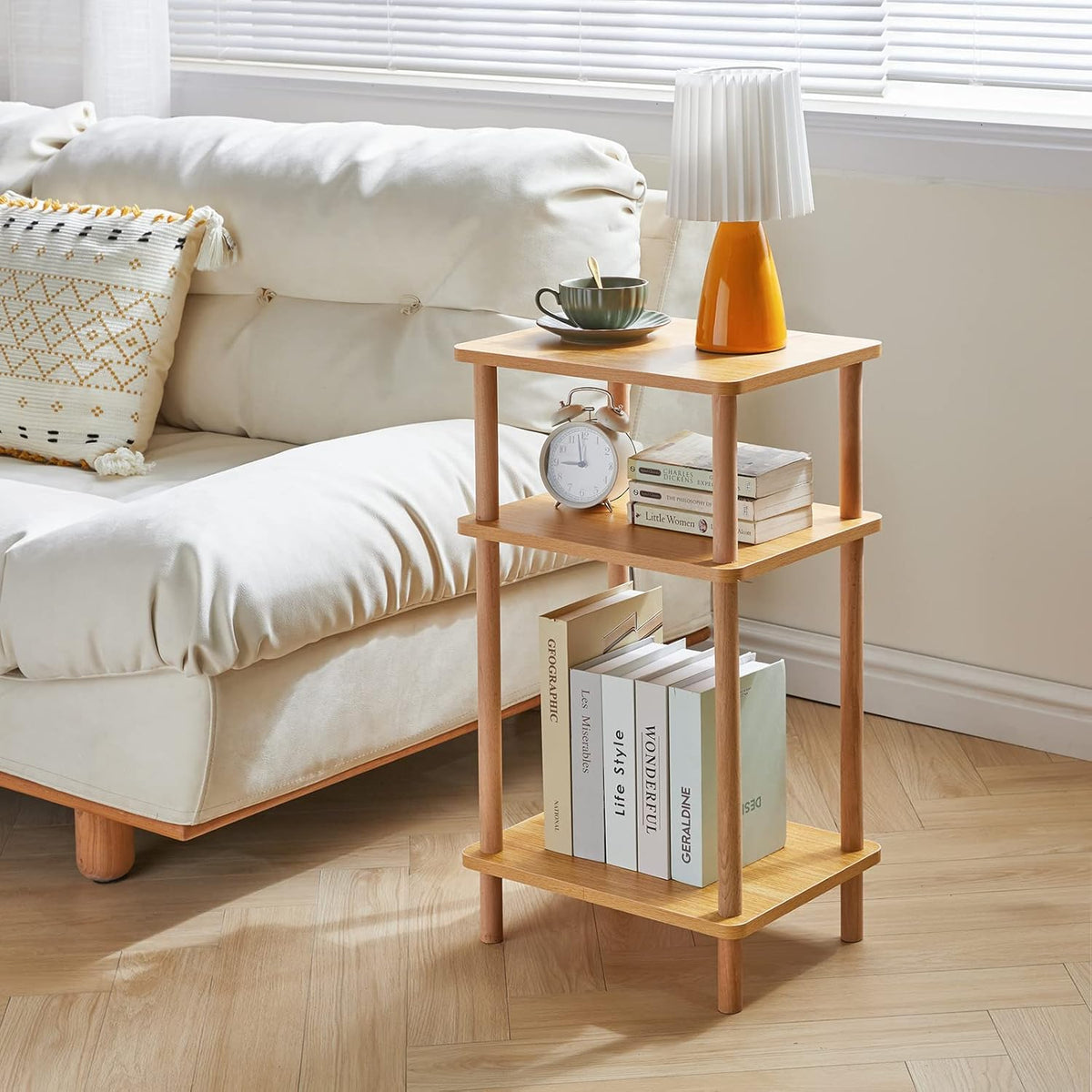 IBUYKE 3-Tier Side Table, Solid Wood Tall End Table with Storage Shelves, Nightstand Bedside Table
