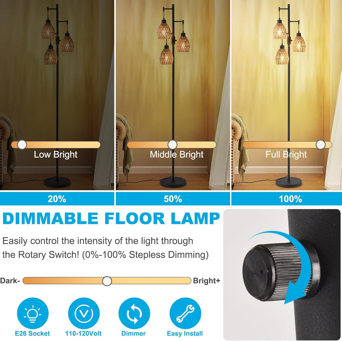 Boho Rattan Floor Lamp-Standing Lamps for Living Room 70'' Dimmable Floor Lamp with Cage Shade