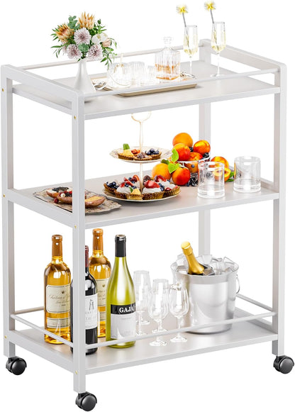 HITNET White Bar Cart, Home Bar Serving Cart, Kitchen Trolley on Wheels with Storage, 3 Tier