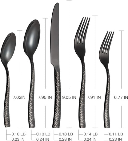 Silverware 65-Piece Black Hammered Flatware Set with Serving Utensils Stainless Steel Thick Handle