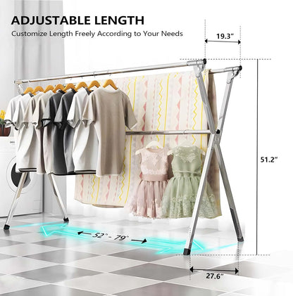 URYAN 79 Inches Stainless Steel Clothes Drying Rack, Heavy Duty Laundry Drying Rack Folding Indoor