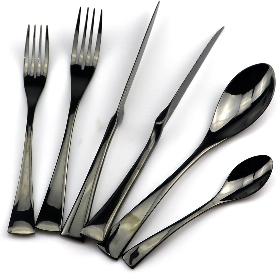 JASHII 18/10 Stainless Steel 24 Piece Mirror Polished Black Flatware Set,Dinner Knife Steak Knife