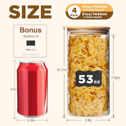 53oz Glass Food Storage Jars, Glass Jars with Bamboo Lids, Kitchen Storage Jars, Set of 4