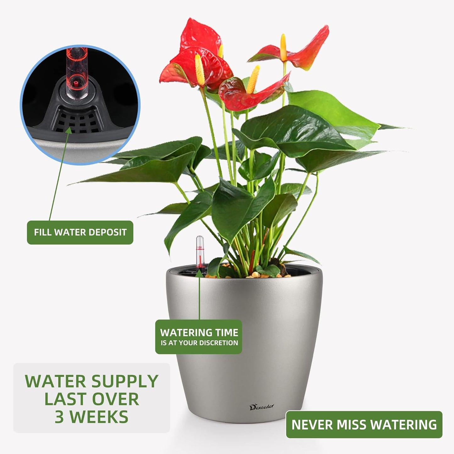 Dexceder 9x8 Inches Self Watering Planter Metallic Matte Indoor Outdoor, Inner Pot Design