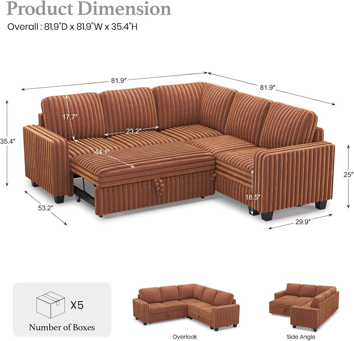 Belffin Plush Corduroy Modular Sectional Sofa with Pull Out Bed Convertible Small Sectional Corner