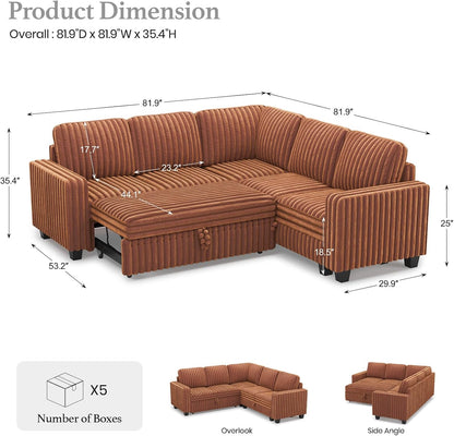 Belffin Plush Corduroy Modular Sectional Sofa with Pull Out Bed Convertible Small Sectional Corner