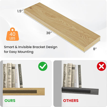 Floating Shelves for Wall, 36" W x 8" D x 1.5" H, Wooden Wall Mounted Display Shelves with