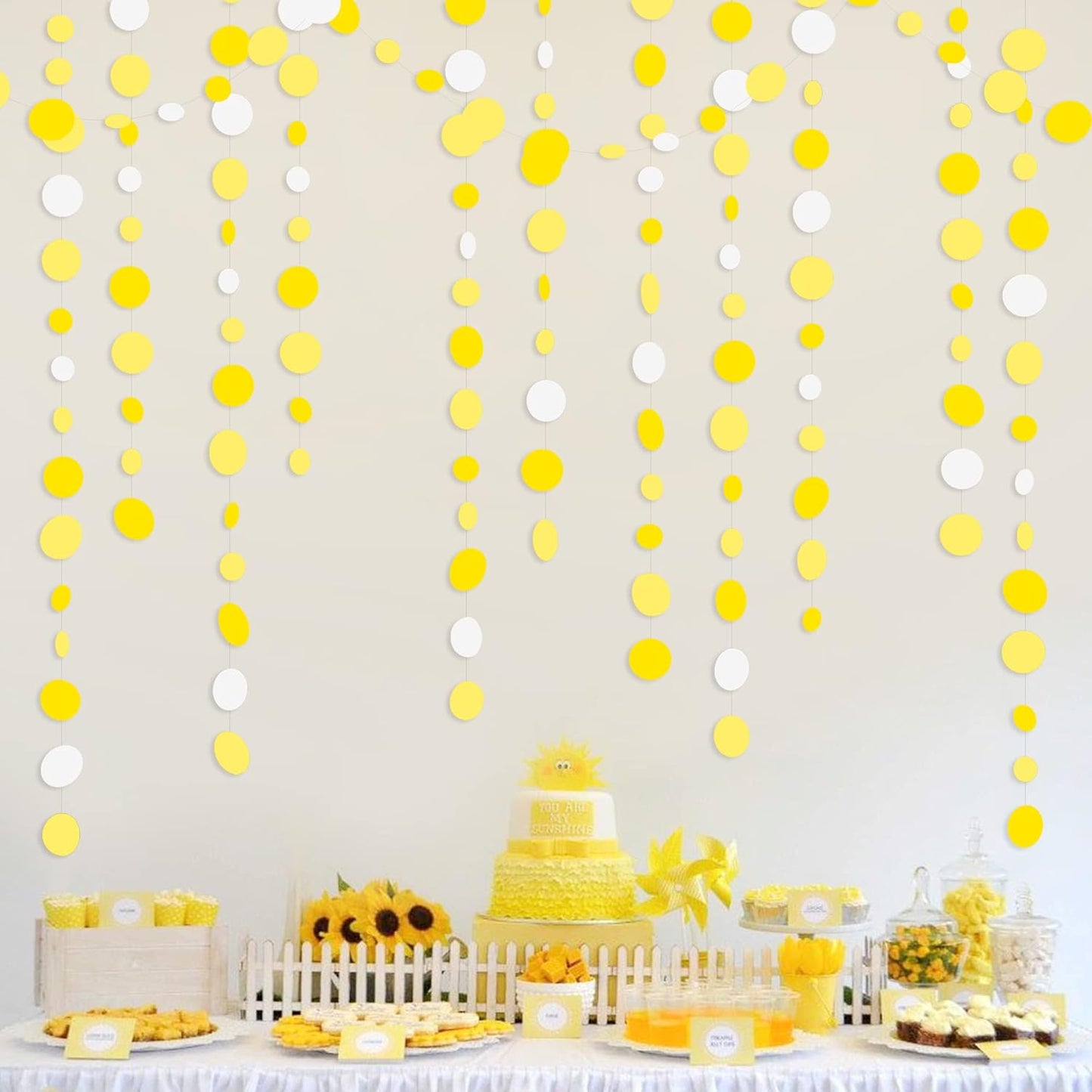 46 Ft Yellow White Circle Dots Garland Gradient Yellow Polka Dot Hanging Paper Streamer for Wedding