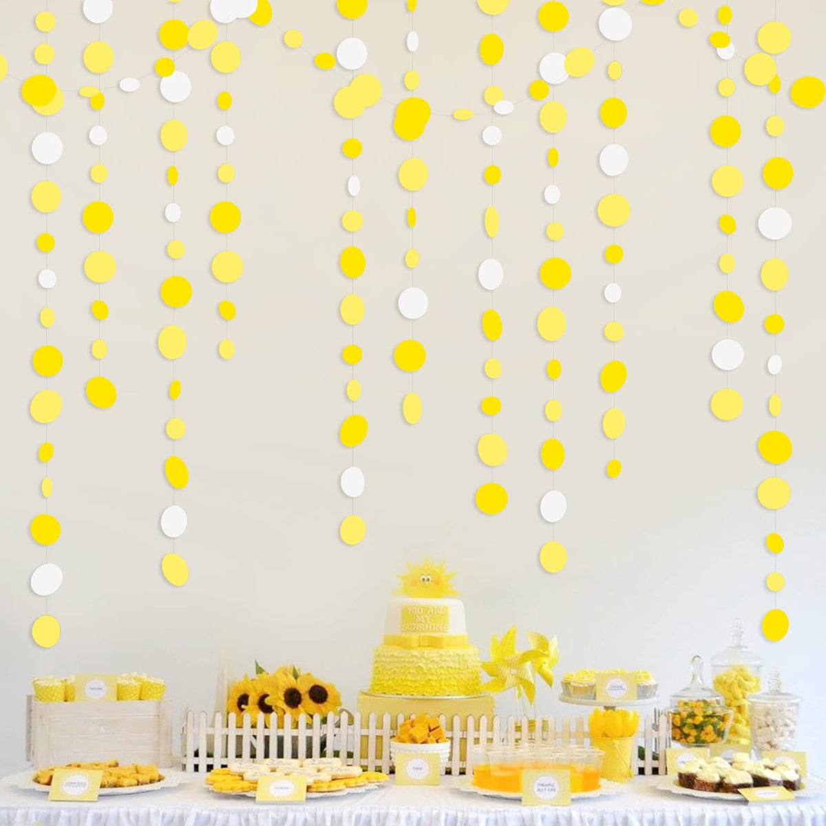 46 Ft Yellow White Circle Dots Garland Gradient Yellow Polka Dot Hanging Paper Streamer for Wedding