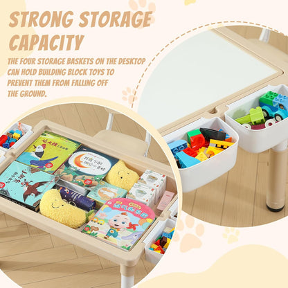 Multi Functional Kids Table and 2 Chairs Set, Graffiti & Building Blocks Double-Sided Tabletop