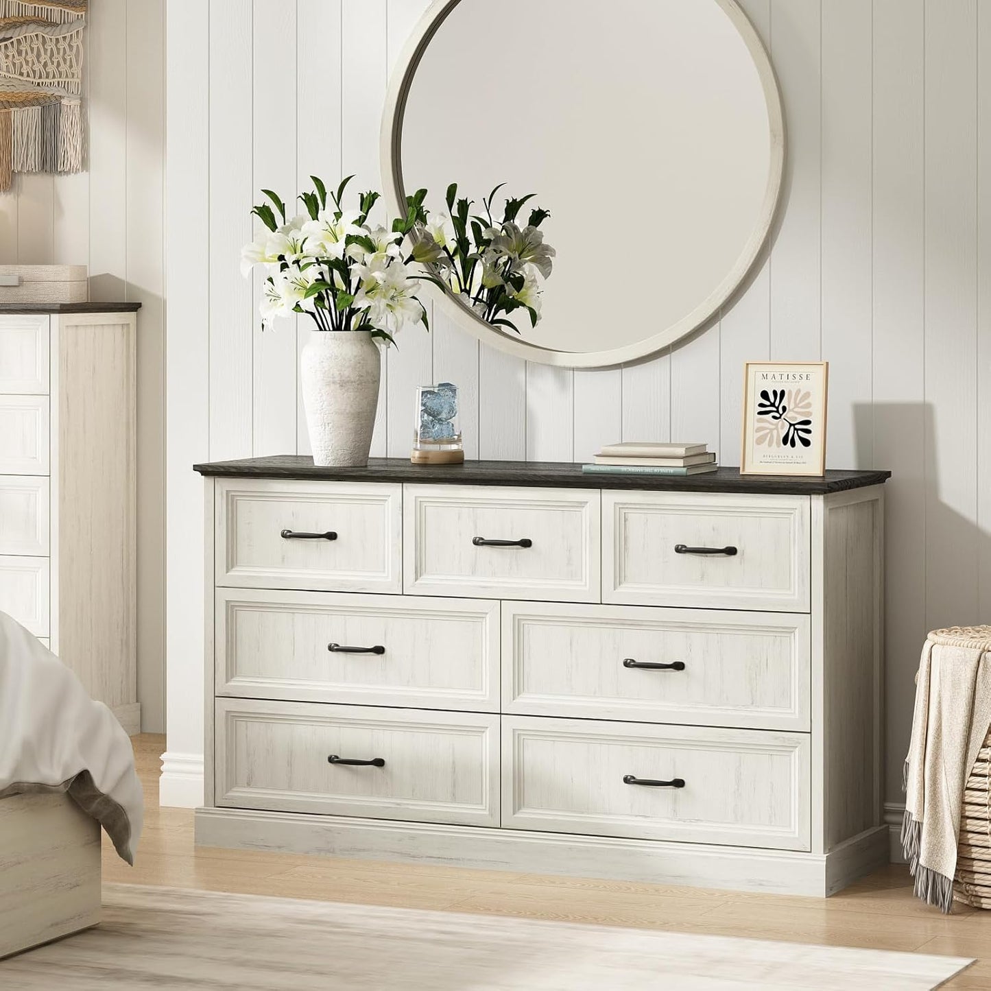 Farmhouse 7 Drawer Dresser for Bedroom, 55 Inch Wide Modern White Dresser TV Stand with Large