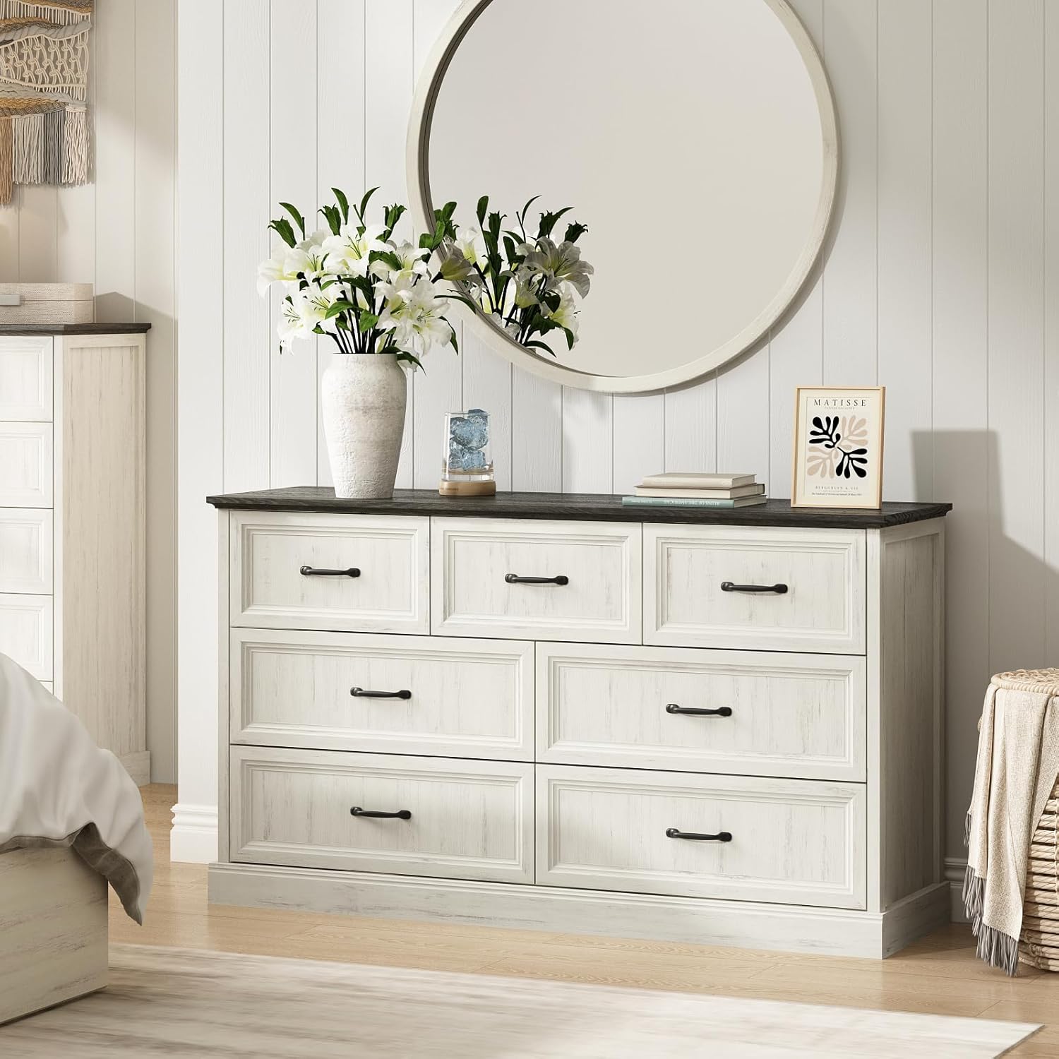 Farmhouse 7 Drawer Dresser for Bedroom, 55 Inch Wide Modern White Dresser TV Stand with Large