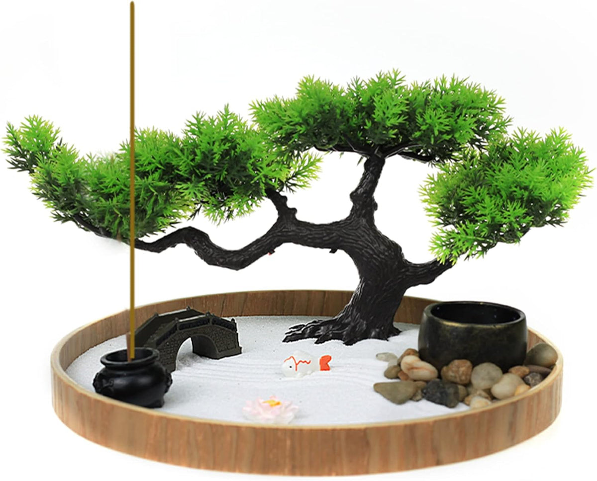 Japanese Zen Garden for Desk - Zen Garden Sand Kit, Artificial Bonsai Tree, Rakes & Accessories